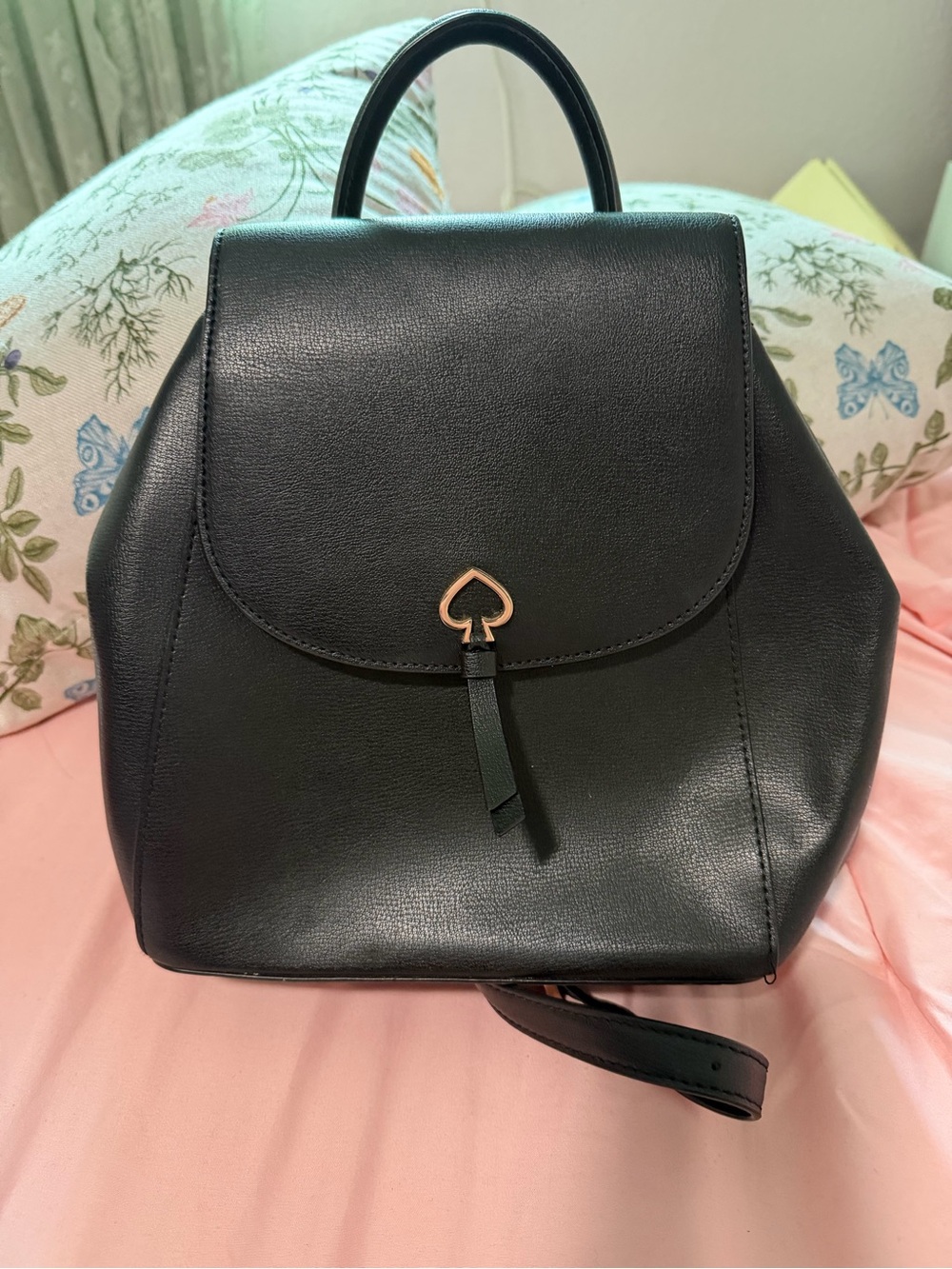 Black Leather Backpack Purse with Gold Spade Accent